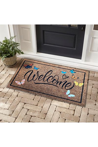 Blanc hediyelik سجادة باب منقوشة على شكل فراشة مطبوع عليها عبارة "Welcome"