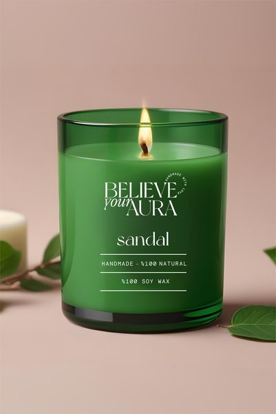 Believe Your Aura Sandal Ağacı Kokulu - %100 Doğal Soya Mumu Yeşil Bardak Mum...