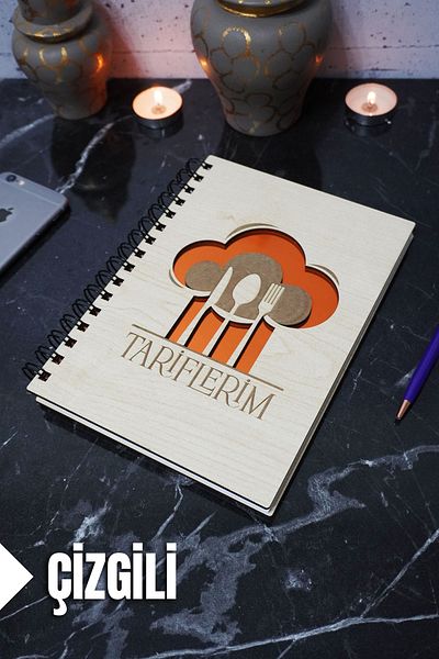 markcat 120 Page A5 Notebook - Kitchen Themed, Wooden Cover, Lined Recipe Book, Agenda and School Notebook