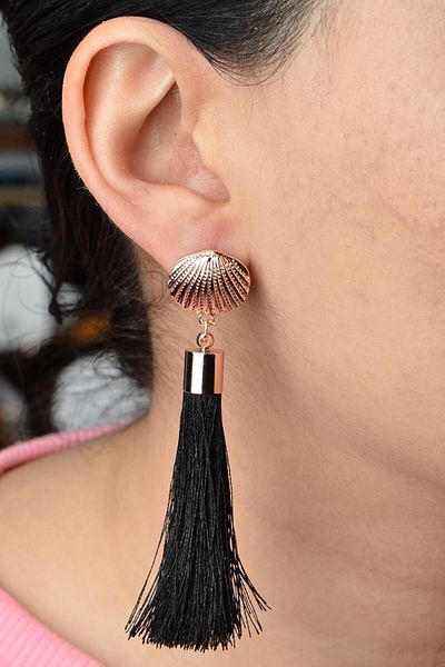 AKIN AKSESUAR HEDİYELİK Figured Tasseled Long Gold Earrings - Oyster