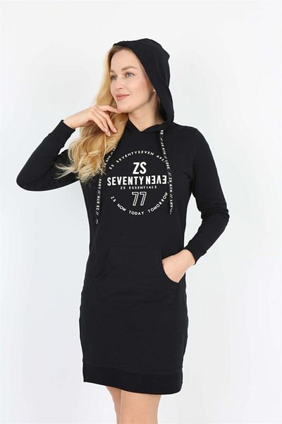 Banadamoda Black Hooded Long Sleeve Printed Kangaroo Pocket Tunic Dress