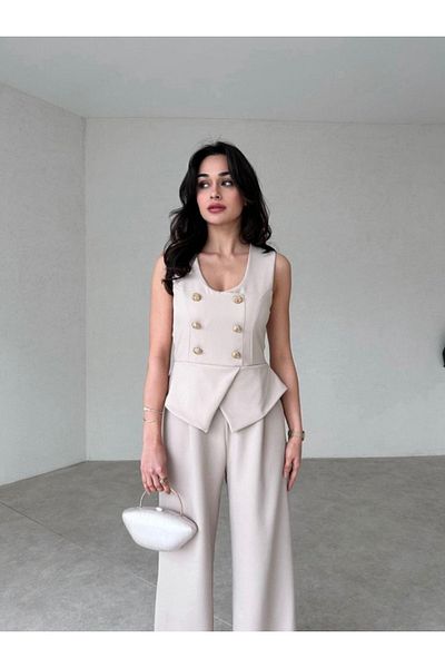 Afiş Butik Gold Buttoned Cream Jumpsuit - Zero Sleeve Set Look