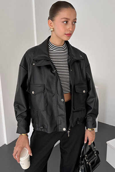 Lin Collection سترة جلدية سوداء كبيرة الحجم - جيوب وتفاصيل رباط مطاطي 3451-2142