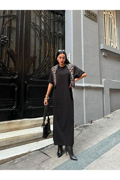 minaaise Long Black Slit Combed Cotton Dress - 27365