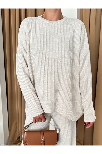 Laluvia Stone Colored Corded Knitwear Set - New Model