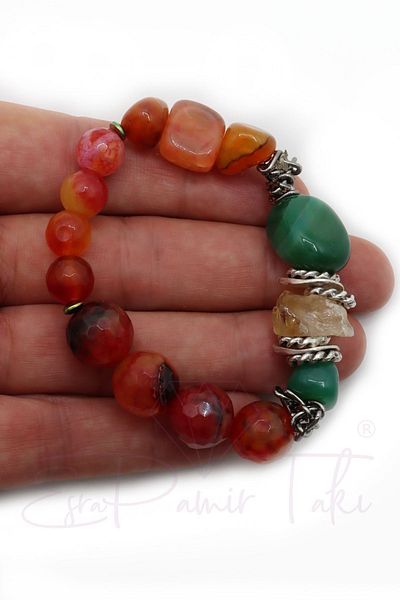 Esra Pamir Natural Green and Orange Stone Agate and Citrine Bracelet