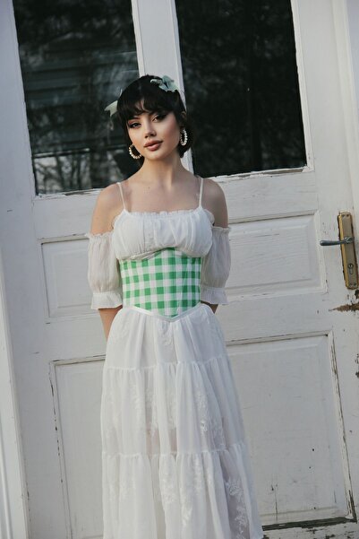 KSDESIGN yeşil ekose desenli balenli bel korsesi kemeri