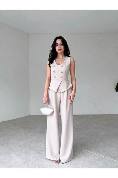 Afiş Butik Gold Buttoned Cream Jumpsuit - Zero Sleeve Set Look