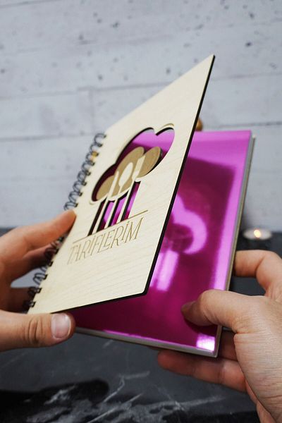 markcat 120 Page A5 Notebook - Kitchen Themed, Wooden Cover, Lined Recipe Book, Agenda and School Notebook
