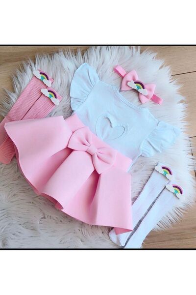 Kokosh kidss Girl's Pink Skirt Set with Rainbow Figures (White Socks Included...