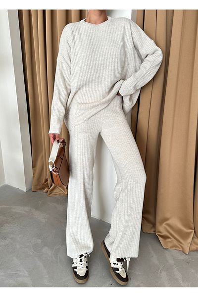 Laluvia Stone Colored Corded Knitwear Set - New Model