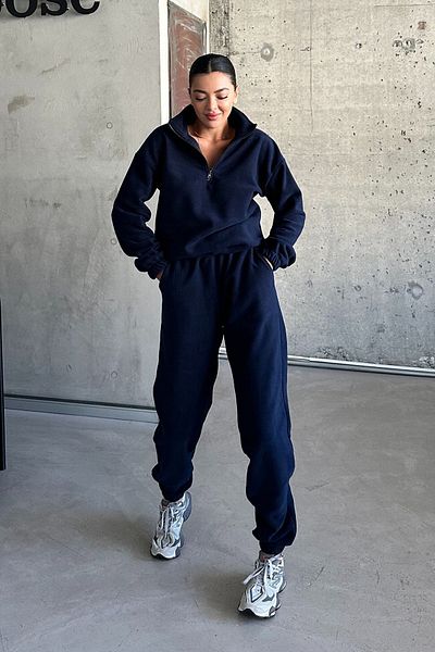 MODAGEN Marineblaues Unisex-Fleece-Trainingsanzug-Set – Stehkragen und halber Reißverschluss