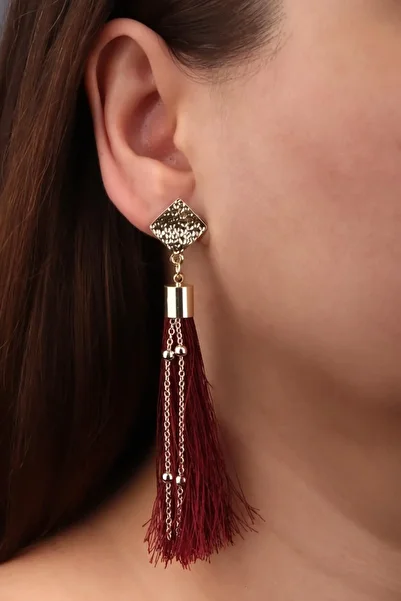 AKIN AKSESUAR HEDİYELİK Gold Colored Diamond Figured Long Earrings - Chain Detail and Tassels