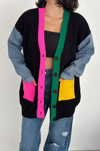 FEMELLE Cardigan de tricotaj colorat - supradimensionat cu blugi, detalii de buzunar și nasturi