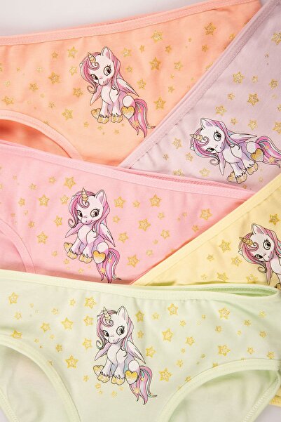 Happy Fox Pamuklu Kız Çocuk Mixcolor Külot 5'li Set Paket Baskılı Slip