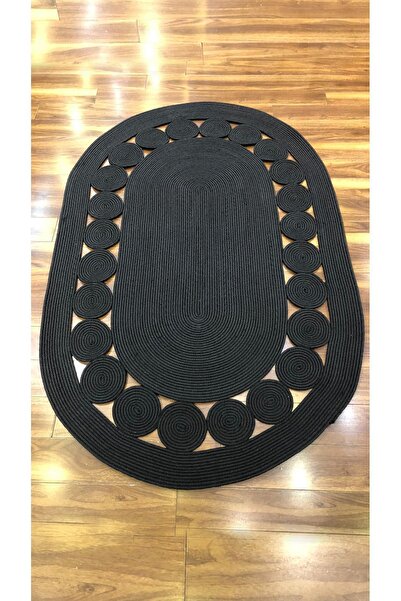 TurQhouse Maise Doğal Hasır Siyah Halı Jüt Örme Antibakteriyel Kilim