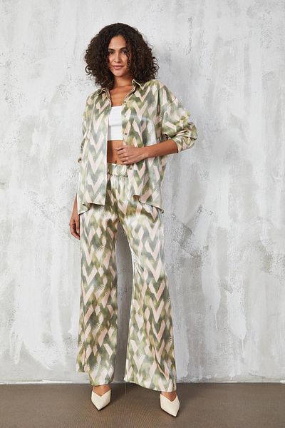 minaaise Green Shiny Patterned Fabric - Top and Bottom Set 27293