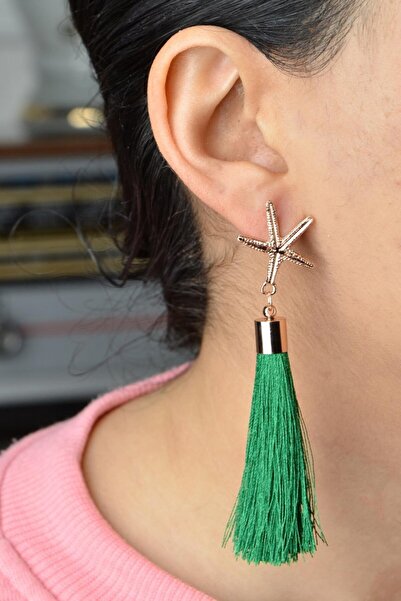 AKIN AKSESUAR HEDİYELİK Deniz Yıldızı Fıgürlü Püsküllü Uzun Gold Küpe