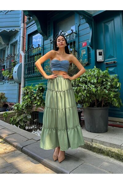 minaaise 27259 Μοντέλο Χακί Βασική Πλισέ μακριά γυναικεία φούστα