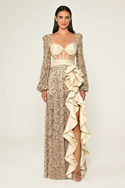 ALFABETA Korse Transparan Bel Pullu File Uzun Elbise