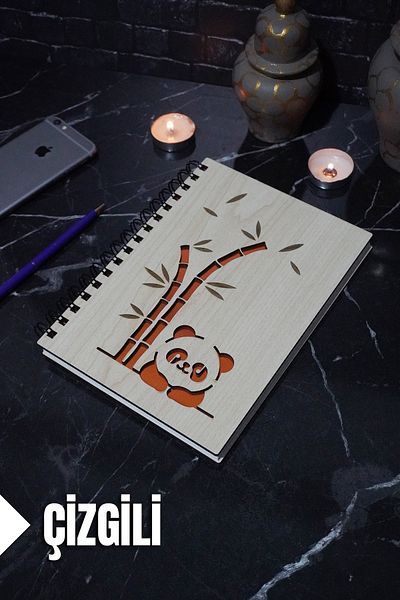 markcat Agendă cu copertă din lemn cu dungi și caiet de școală cu tematică panda - A5 (120 coli)