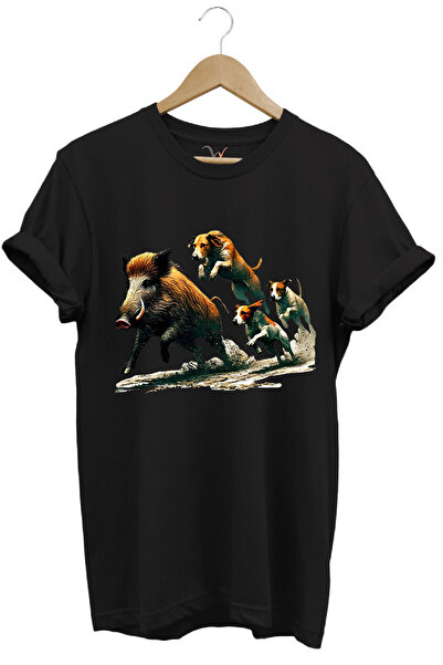 WİDİ Tricou negru cu imprimeu pentru vânătoare de vânătoare de porci și câini...