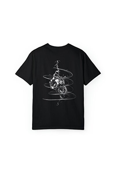 Sırt Baskılı Bisiklet Yaka Siyah Renk Oversize Boyfriend Geniş Kalıp T-shirt