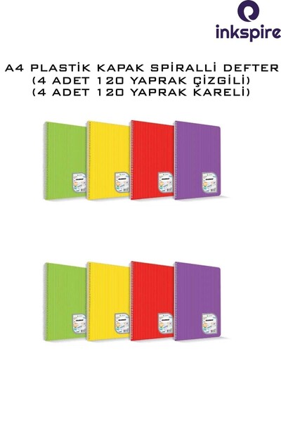 inkspire دفتر ملاحظات بحلقة 4 قطع 120 ورقة مربعة 4 قطع 120 ورقة غطاء PP مسطر ...