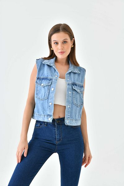 Perryes Vestă din denim 100% bumbac cu guler de cămașă Indigo