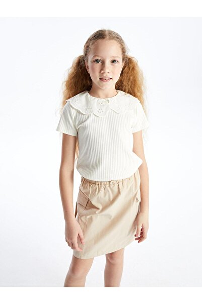 LC Waikiki LCW Kids Krem Rengi Bebe Yaka Kısa Kollu Kız Çocuk Tişört