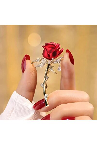 Beyna KIRMIZI GÜL BROŞ ,KRİŞTAL TAŞLI GOLD KAPLAMA