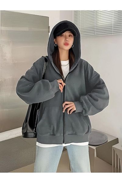 MELADYAN Oversize Winter Hooded Cardigan - Zipped and Pocketed