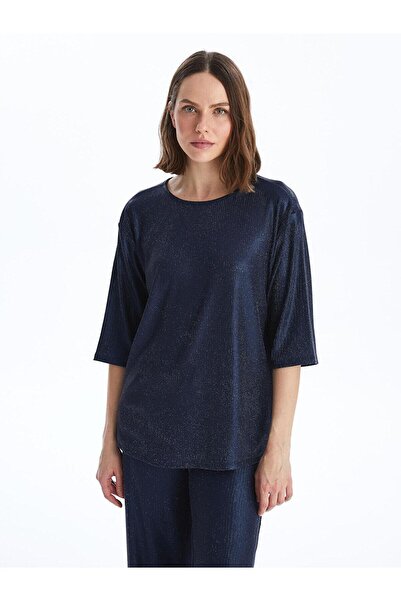 LC Waikiki LCWAIKIKI - Navy Basic, Γυναικεία γυαλιστερή μπλούζα με λαιμόκοψη