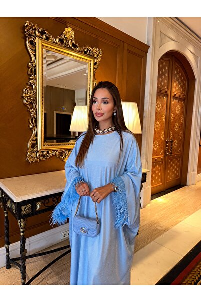 İambabydesign فستان عباية من الريش الأزرق الشبكي اللامع