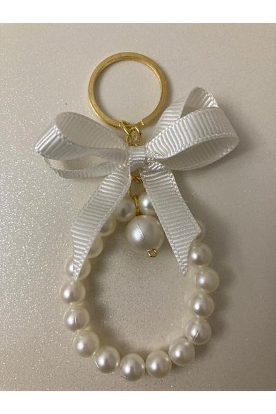 EL İŞİ Gold Keychain with Pearl and Ribbon Detail