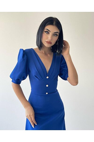 MOVELLA FASHİON Button Detailed V-Neck Short Balloon Sleeve Midi Length Dress...