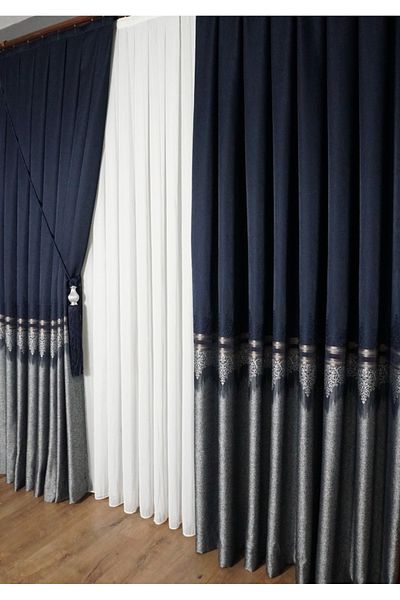 GLOMAR Navy Blue Gray Jacquard Single Wing - 1/3 Close Pleated Panel Background Curtain with Gold Detail
