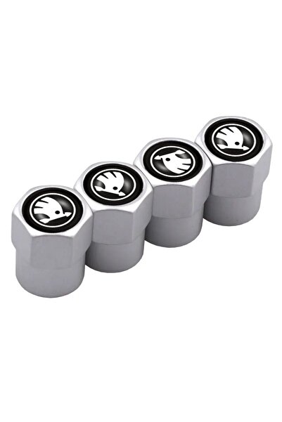 İKTUNING SKODA SİYAH LOGOLU ALÜMİNYUM KAPLAMA 4 ADET SİBOP KAPAK (GÜMÜŞ)