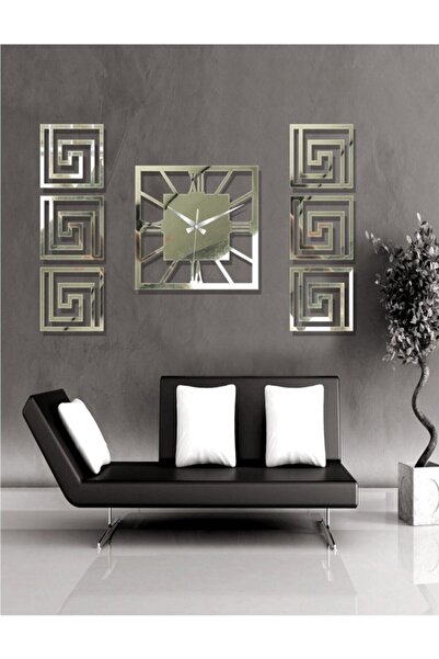 EYKA STORE Modern Şık Dekoratif 6 Tablo + Orta Aynalı Gümüş Plexiglass Kare S...