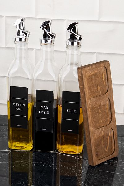 DNS HOME 500 ml Pomegranate Sour and Olive Oil Vinegar Bottle - Glass Oil Pot Set of 3, Wooden Stand and Gray Lock Head