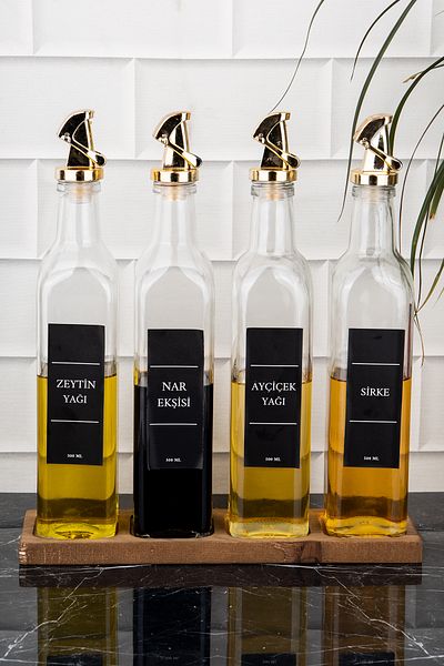 DNS HOME 500 ml Glass Oil Pot Set - Wooden Stand, Gold Lock, Sunflower Olive Oil, Vinegar Pomegranate Sour