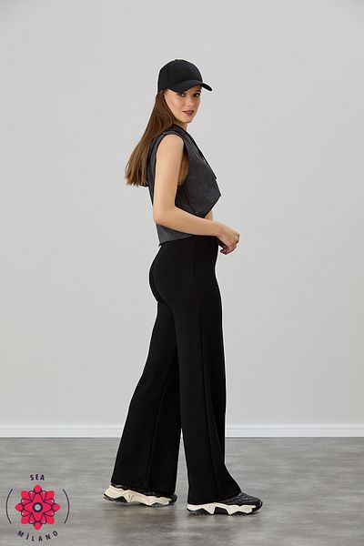 sea milano Women's Black Loose Fit Striped High Waist Lycra Recovery Pants