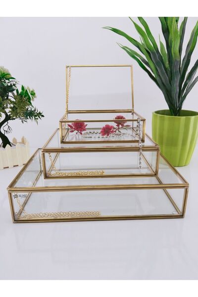 YıldızDesign 3-Piece Brass Gold Glass Box - Lids Engagement and Wedding Promise Organization