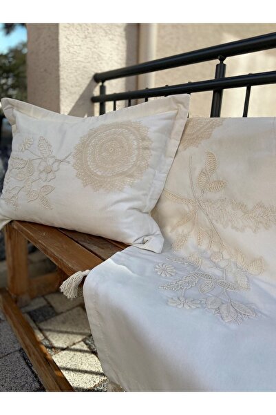 Günay Home Collection El Işleme Naturel Nakışlı Kırlent&yatak Runnerı