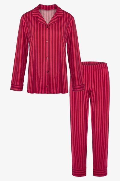 koza iç giyim Women's Cotton Red Striped Shirt Collar Long Sleeve Pajamas Set