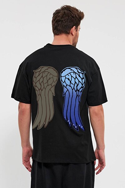 AllWearStyle Daryl Dixon Kanat Baskılı Oversize Kesim Unisex Siyah Tshirt