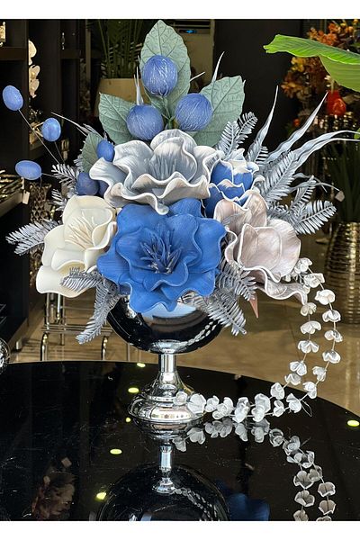 TASARIMHMODA Vază rotundă argintie - Motiv cu flori artificiale, nr:4