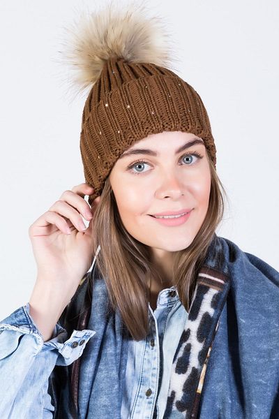 POSUSS Stoned Pompom Acrylic Women's Beret Brown - Ps619