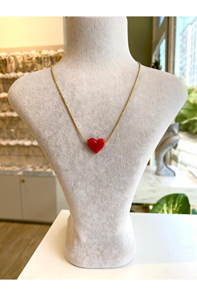 Lilyum Aksesuar El Yapımı Murano Kırmızı Cam Kalp Figürlü Altın Sarı Gold Ren...