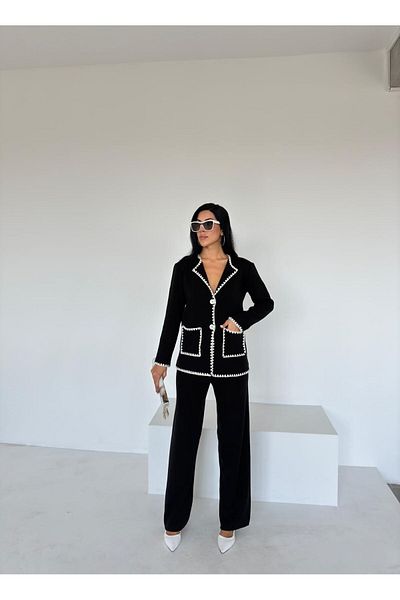 Lusin Black Knitwear Cardigan and Trousers Set - Double Pocket Detail
